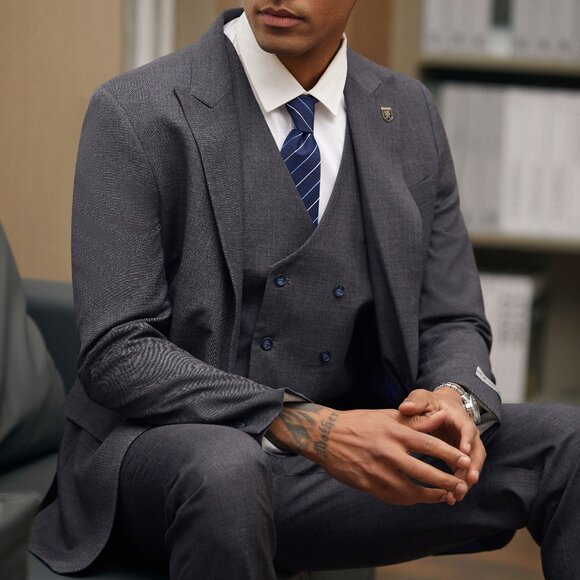 Charcoal W/ Blue Pinstriped Peak Lapel 3 Piece Stacy Adams Men's Suit - Picture 6 of 6